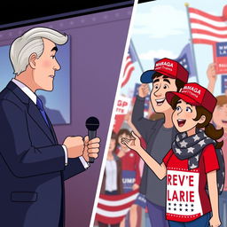 An animated split-screen scene showing an interview with two young enthusiastic Trump supporters