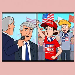 An animated split-screen scene showing an interview with two young enthusiastic Trump supporters