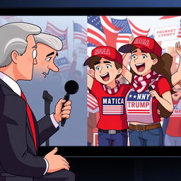 An animated split-screen scene showing an interview with two young enthusiastic Trump supporters