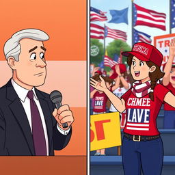 An animated split-screen scene showing an interview with two young enthusiastic Trump supporters