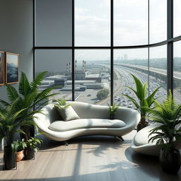 A photorealistic and artistic image of a living room with a modern, minimalist design