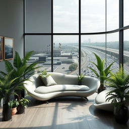 A photorealistic and artistic image of a living room with a modern, minimalist design