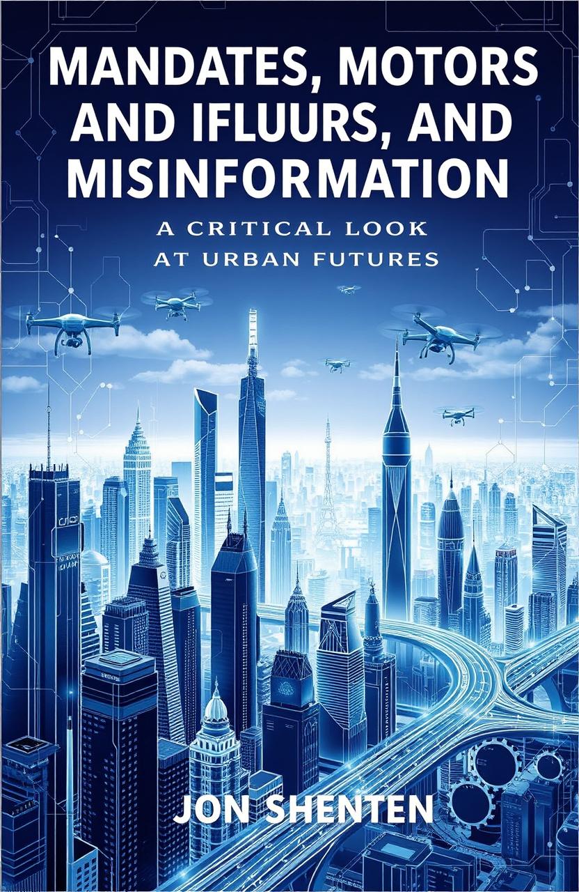 A futuristic book cover featuring an intricate skyline of a smart city, with towering skyscrapers and advanced transportation systems, including electric vehicles and drones in the sky