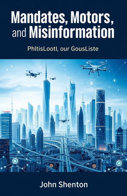 A futuristic book cover featuring an intricate skyline of a smart city, with towering skyscrapers and advanced transportation systems, including electric vehicles and drones in the sky