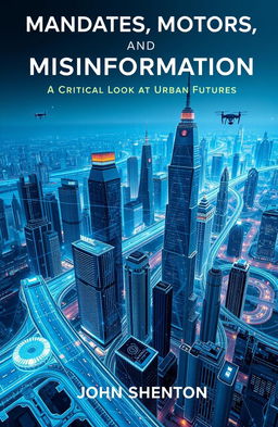 A futuristic book cover featuring an intricate skyline of a smart city, with towering skyscrapers and advanced transportation systems, including electric vehicles and drones in the sky