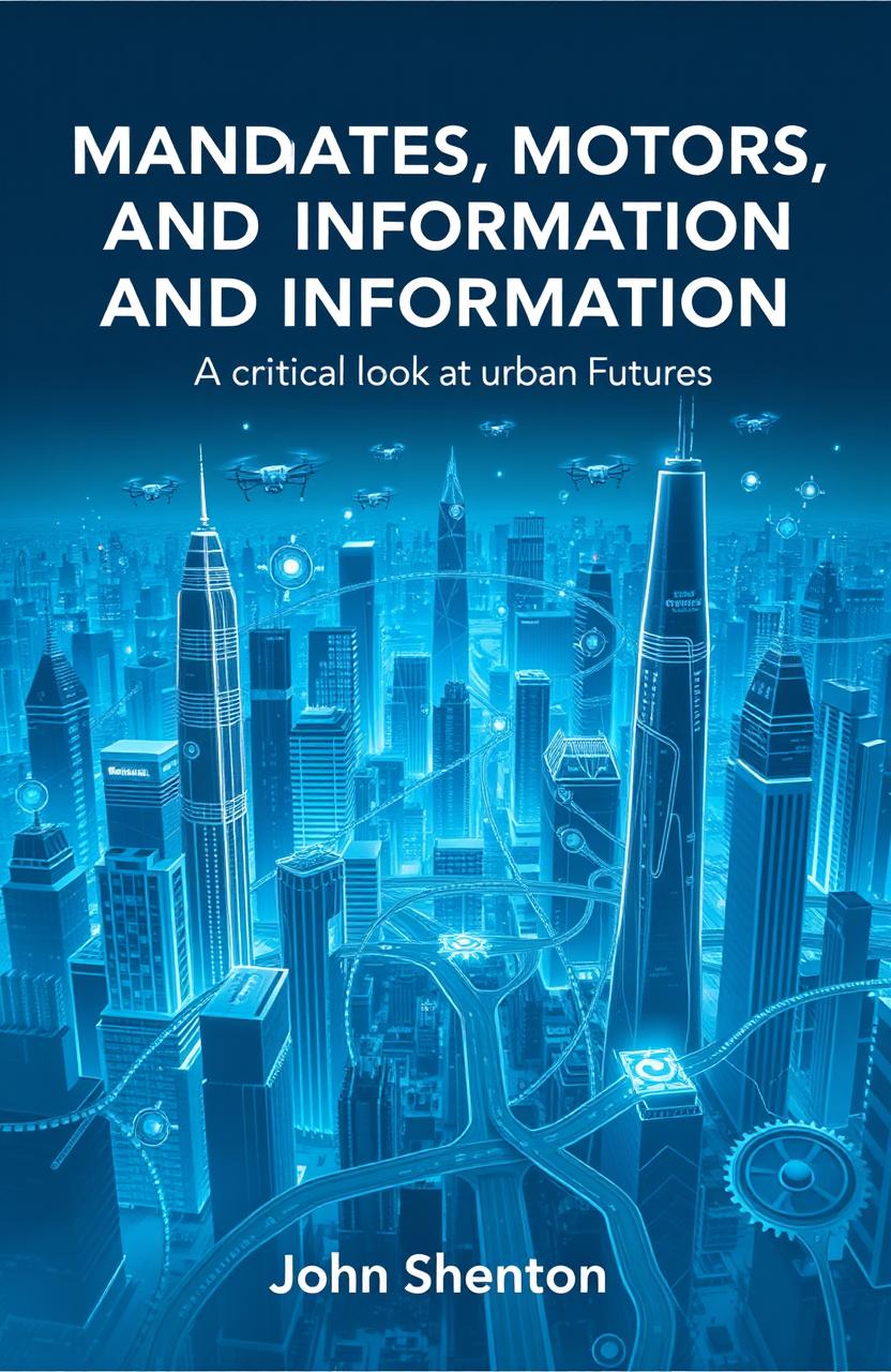 A futuristic book cover featuring an intricate skyline of a smart city, with towering skyscrapers and advanced transportation systems, including electric vehicles and drones in the sky