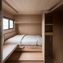 A 13ft x 8ft bedroom layout, thoughtfully arranged to optimize functionality and comfort, taking into consideration the limited space. It features a bed, wardrobe, and a small seating area.