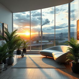 A photorealistic and artistic image of a living room with a modern, minimalist design