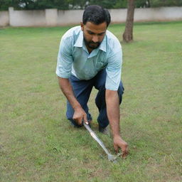 A diligent man named 'Kavil Lal' cutting grass, wearing a shirt that has 'Kavil Lal' printed on it, creating the impression that he is an employee for 'Pro Clean Services'.