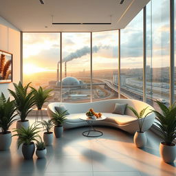 A photorealistic and artistic image of a modern, minimalist living room featuring large ferns in pots of various sizes and designs placed on the floor and stands at different heights along the walls, grouped on either side of a futuristic-shaped couch