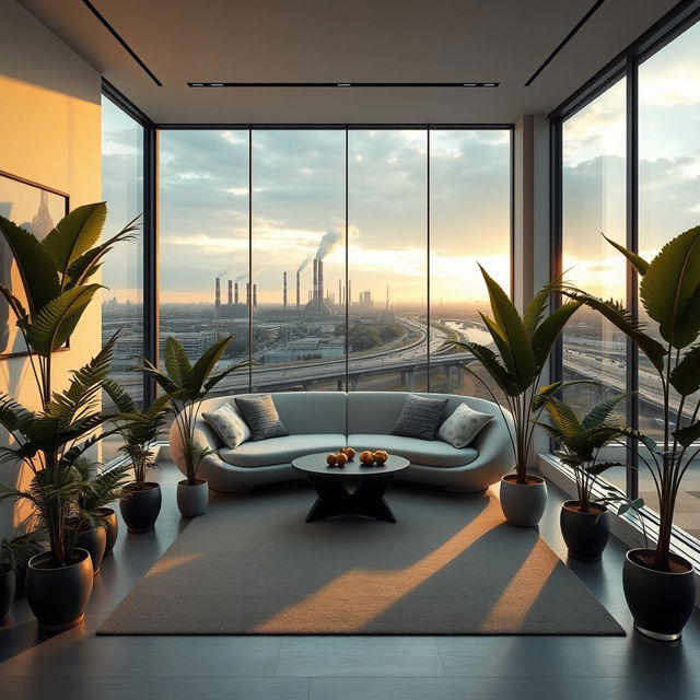 A photorealistic and artistic image of a modern, minimalist living room featuring large ferns in pots of various sizes and designs placed on the floor and stands at different heights along the walls, grouped on either side of a futuristic-shaped couch