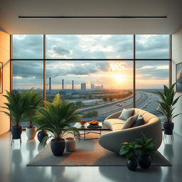 A photorealistic and artistic image of a modern, minimalist living room featuring large ferns in pots of various sizes and designs placed on the floor and stands at different heights along the walls, grouped on either side of a futuristic-shaped couch