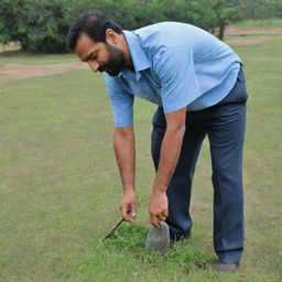 A diligent man named 'Kavil Lal' cutting grass, wearing a shirt that has 'Kavil Lal' printed on it, creating the impression that he is an employee for 'Pro Clean Services'.