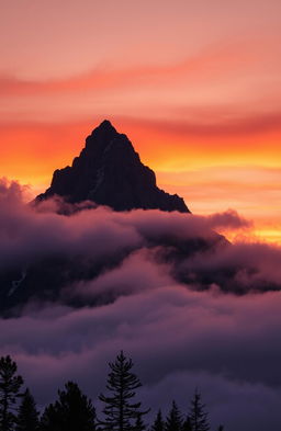 A majestic black mountain rises against the horizon, its rugged peaks piercing through a dense layer of mist