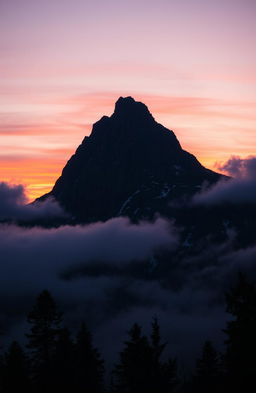 A majestic black mountain rises against the horizon, its rugged peaks piercing through a dense layer of mist