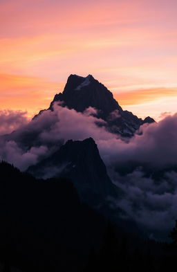 A majestic black mountain rises against the horizon, its rugged peaks piercing through a dense layer of mist