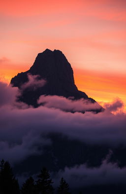 A majestic black mountain rises against the horizon, its rugged peaks piercing through a dense layer of mist