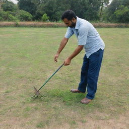 A diligent man named 'Kavil Lal' cutting grass, wearing a shirt that has 'Kavil Lal' printed on it, creating the impression that he is an employee for 'Pro Clean Services'.