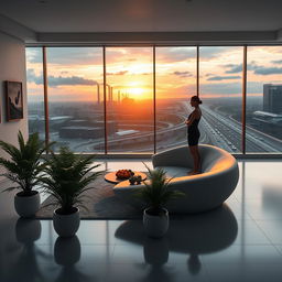 A photorealistic and artistic image of a modern, minimalist living room
