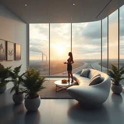 A photorealistic and artistic image of a modern, minimalist living room