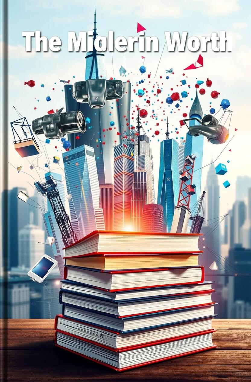 A stack of books in the foreground with a futuristic cityscape in the background