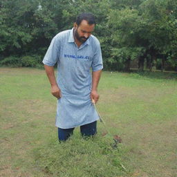 A diligent man named 'Kavil Lal' cutting grass, wearing a shirt that has 'Kavil Lal' printed on it, creating the impression that he is an employee for 'Pro Clean Services'.