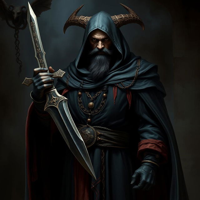 A human cleric devoted to Bhaal, the god of murder, depicted as a strong and enigmatic figure