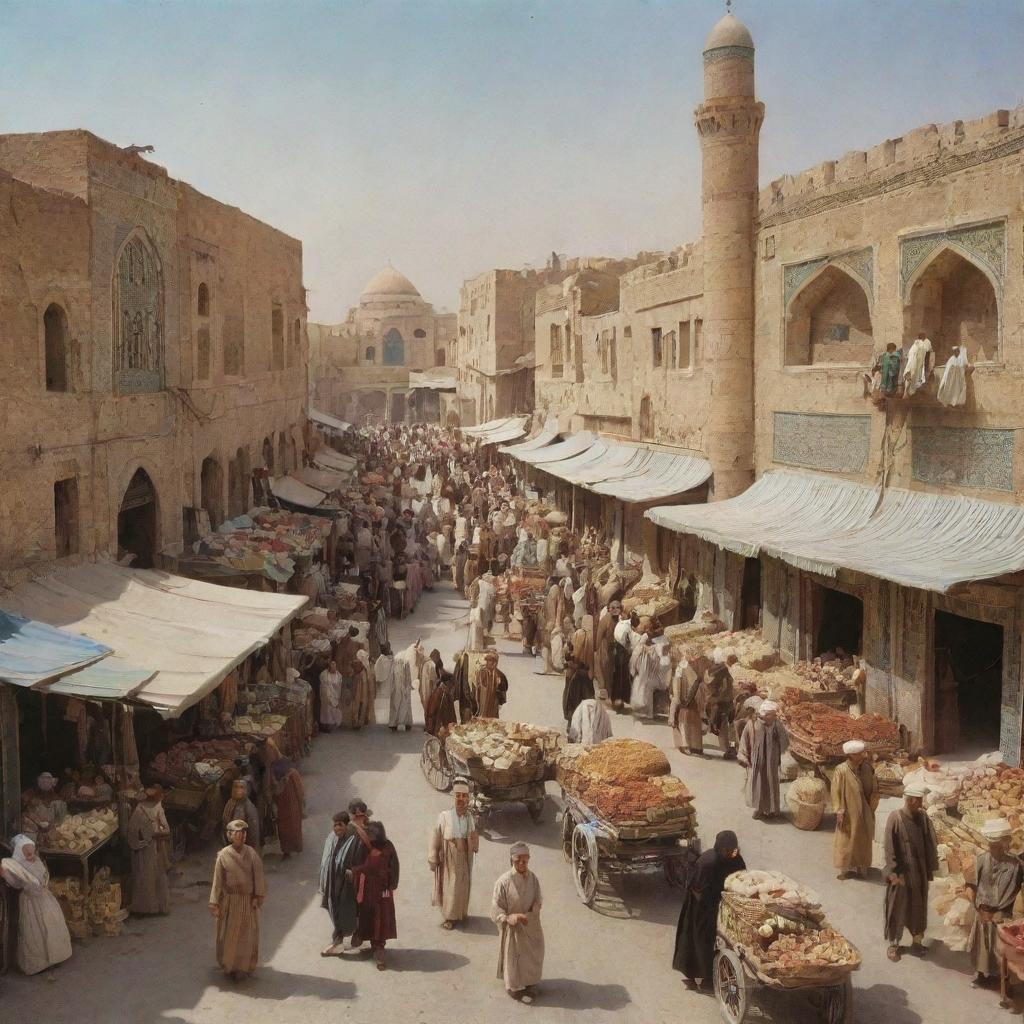 A historical street scene from Iran in the year 1333 in the Persian calendar, or 1954 AD. Show a bustling marketplace with people dressed in traditional clothing, historic buildings, and vintage vehicles.