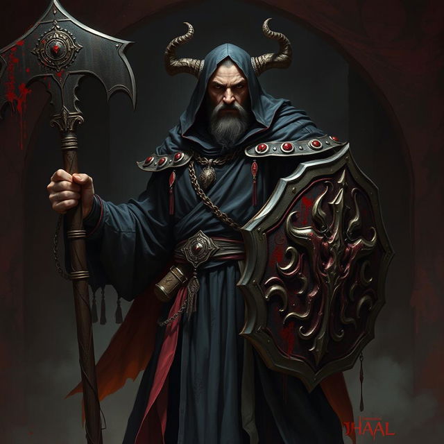 A human cleric devoted to Bhaal, the god of murder, portrayed as a formidable and enigmatic figure