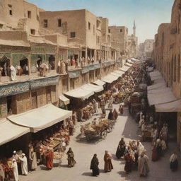 A historical street scene from Iran in the year 1333 in the Persian calendar, or 1954 AD. Show a bustling marketplace with people dressed in traditional clothing, historic buildings, and vintage vehicles.