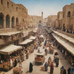 A historical street scene from Iran in the year 1333 in the Persian calendar, or 1954 AD. Show a bustling marketplace with people dressed in traditional clothing, historic buildings, and vintage vehicles.