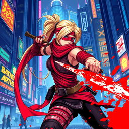 A dynamic 16-bit video game art scene featuring a female character with a long blonde ponytail