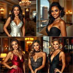 A series of images featuring stunning women with diverse appearances, each wearing stylish and elegant evening wear that highlights their figures