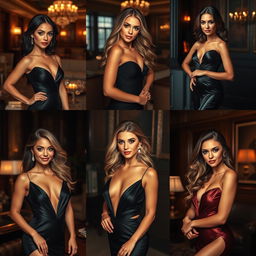 A series of images featuring stunning women with diverse appearances, each wearing stylish and elegant evening wear that highlights their figures