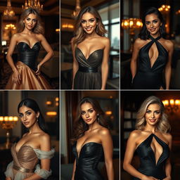 A series of images featuring stunning women with diverse appearances, each wearing stylish and elegant evening wear that highlights their figures