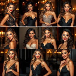 A series of images featuring stunning women with diverse appearances, each wearing stylish and elegant evening wear that highlights their figures