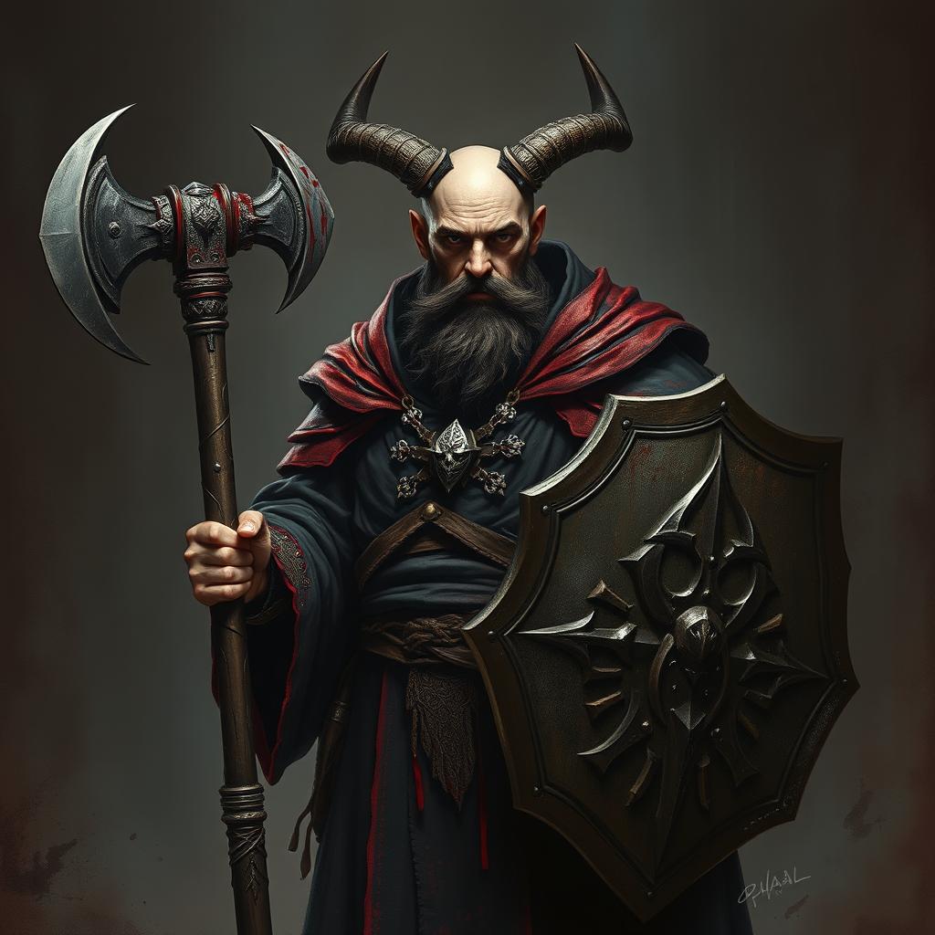 A human cleric devoted to Bhaal, the god of murder, portrayed as a formidable and enigmatic figure, completely lacking horns and beard