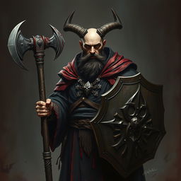 A human cleric devoted to Bhaal, the god of murder, portrayed as a formidable and enigmatic figure, completely lacking horns and beard