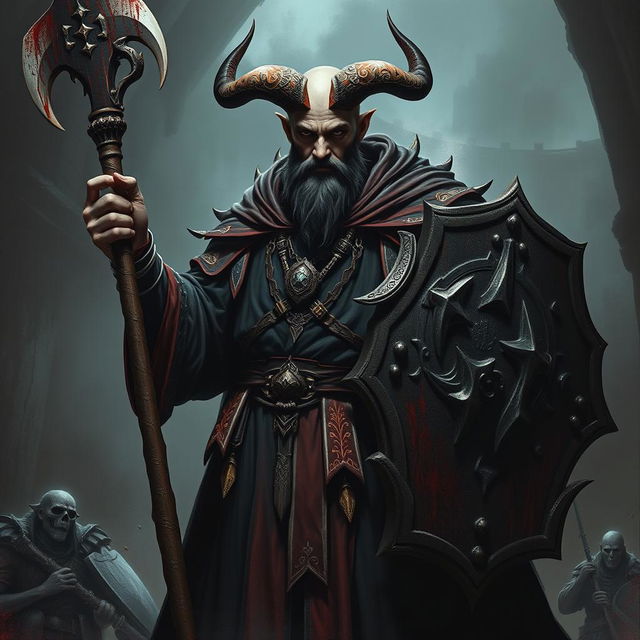 A human cleric devoted to Bhaal, the god of murder, portrayed as a formidable and enigmatic figure, completely lacking horns and beard