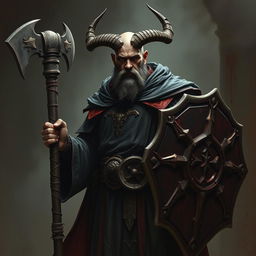 A human cleric devoted to Bhaal, the god of murder, portrayed as a formidable and enigmatic figure, completely lacking horns and beard