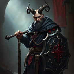 A human cleric devoted to Bhaal, the god of murder, portrayed as a formidable and enigmatic figure, completely lacking horns and beard