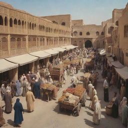 A historical street scene from Iran in the year 1333 in the Persian calendar, or 1954 AD. Show a bustling marketplace with people dressed in traditional clothing, historic buildings, and vintage vehicles.