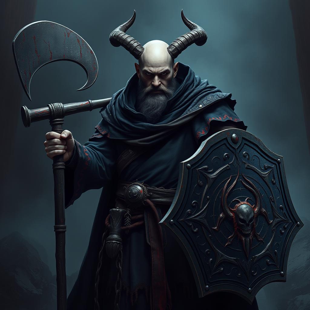 A human cleric devoted to Bhaal, the god of murder, portrayed as a formidable and enigmatic figure, completely lacking horns and beard