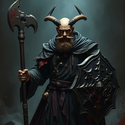 A human cleric devoted to Bhaal, the god of murder, portrayed as a formidable and enigmatic figure, completely lacking horns and beard