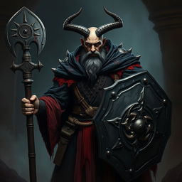 A human cleric devoted to Bhaal, the god of murder, portrayed as a formidable and enigmatic figure, completely lacking horns and beard