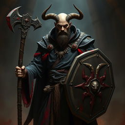 A human cleric devoted to Bhaal, the god of murder, portrayed as a formidable and enigmatic figure, completely lacking horns and beard