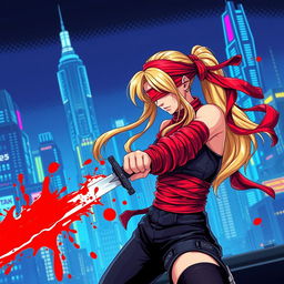 A female character with a long blonde ponytail wrapped in flowing red bandages, wearing a red blindfold, dynamically slashing with a sword, creating a dramatic red splatter