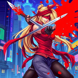 A female character with a long blonde ponytail wrapped in flowing red bandages, wearing a red blindfold, dynamically slashing with a sword, creating a dramatic red splatter