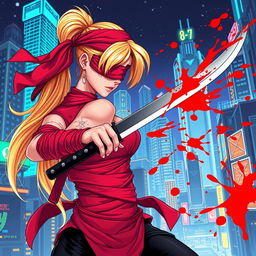 A female character with a long blonde ponytail wrapped in flowing red bandages, wearing a red blindfold, dynamically slashing with a sword, creating a dramatic red splatter