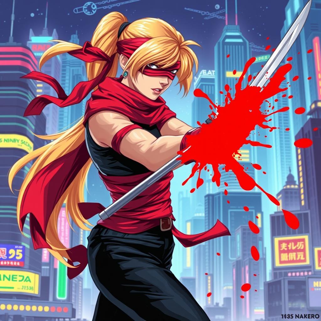 A female character with a long blonde ponytail wrapped in flowing red bandages, wearing a red blindfold, dynamically slashing with a sword, creating a dramatic red splatter